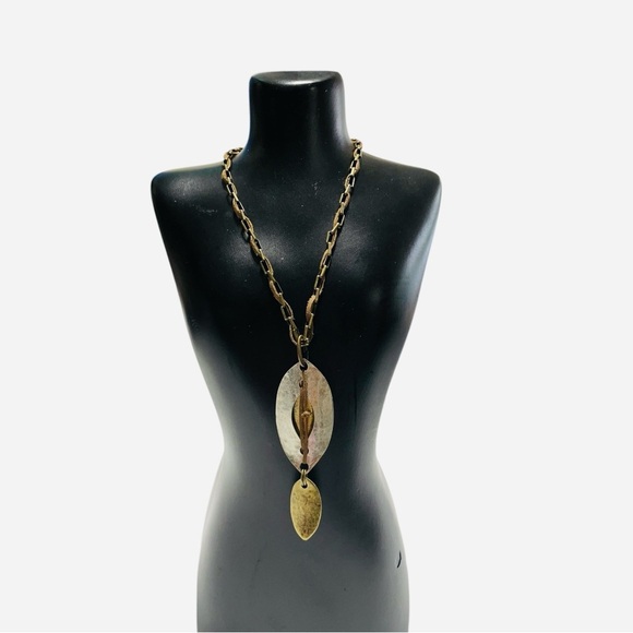 Chico’s Gold and Silver Leaf Pendant Necklace w/ leather gold chain - Picture 6 of 10